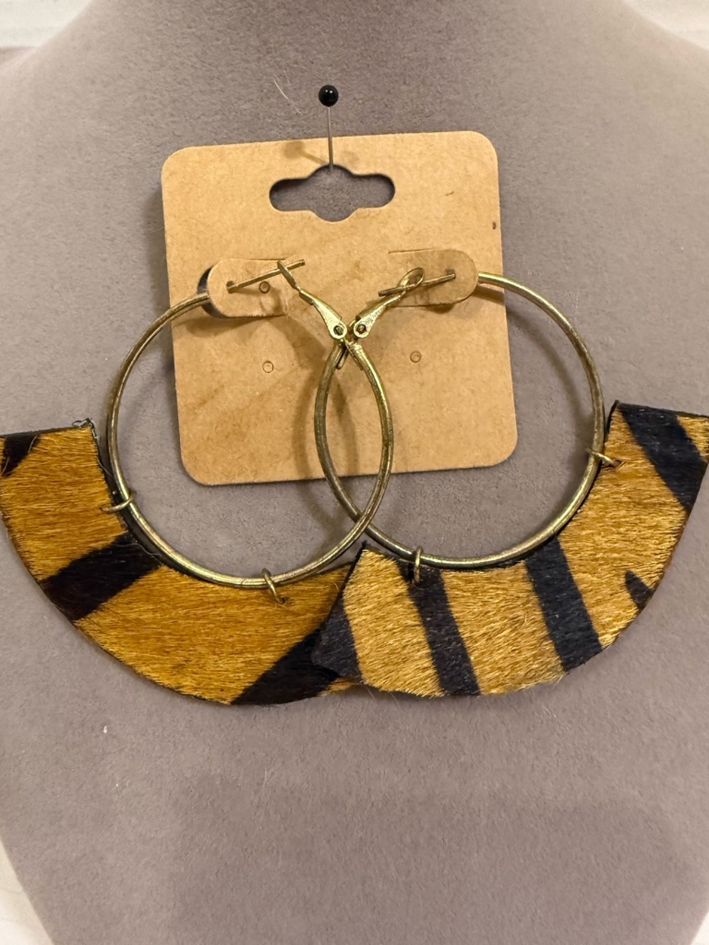 Animal Print Hoop Earrings Faux Fur Gold Tone Statement